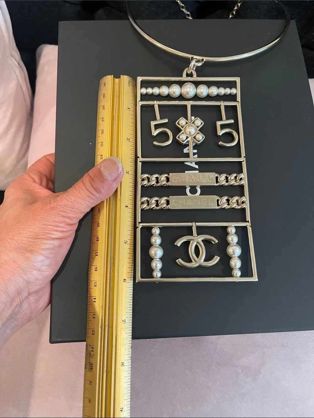 CHANEL Gold-Tone Statement Massive Pendant Necklace with Pearl Accents